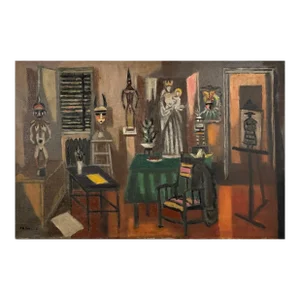 Frederick Childs - Modernist Interior With Santos and Tribal Sculptures, Signed (Ca. 1950, Oil on Canvas)/Leger