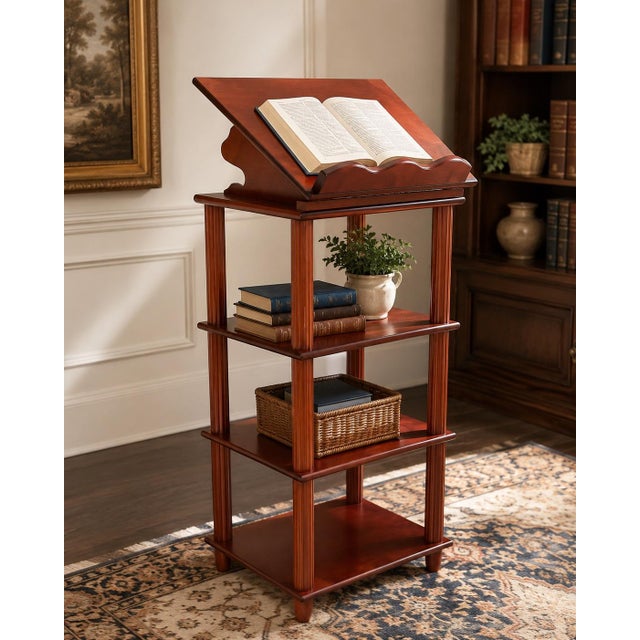 A handsome traditional adjustable lectern or music stand featuring a rich cherry-toned finish, fluted column supports, and...