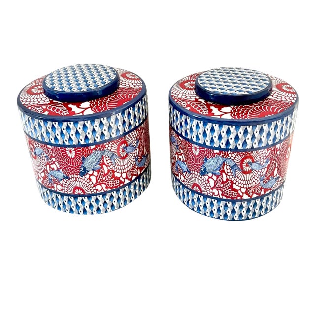 Vintage Modern Asian Chinoiserie Large Ginger Jars, Koi Fish Pattern, Designed by Jean Dange Paris, a Pair For Sale