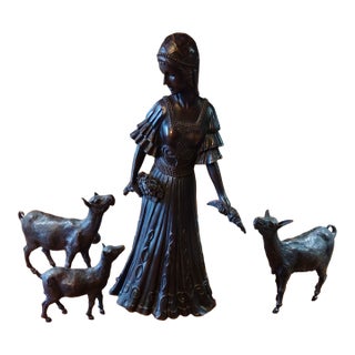 Antique Cast Bronze Woman Feeding Goats 4 Piece Art Deco Sculpture - Stunning For Sale