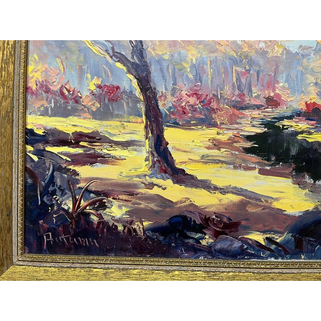 Wood 1950s Autumn Oil on Canvas Painting by Edward Robinson Signed and Dated, Framed For Sale - Image 7 of 10