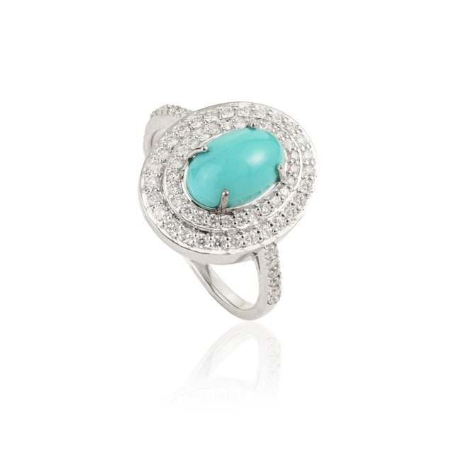 VR Jewels Early 18th Century 1.51ct Cabochon Turquoise & Diamond 14k Gold Ring Size 4 For Sale - Image 4 of 16