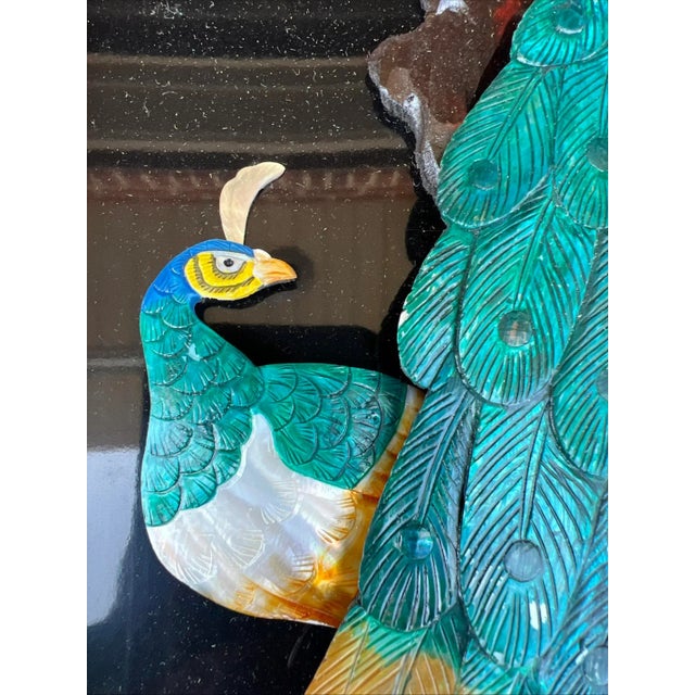 Vintage Chinese Carved Shell and Lacquer Peacock WallHang Artwork, Circa 1950’s For Sale - Image 14 of 18