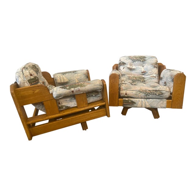 1980s Vintage Wood Rustic Swivel Chairs - a Pair For Sale
