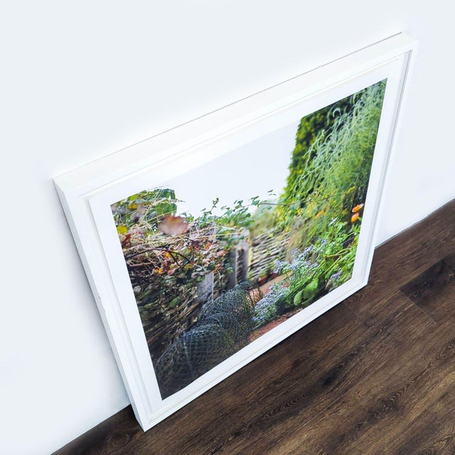 Framed print featuring a peaceful garden pathway scene. The image showcases lush greenery, flowers, and rustic details....