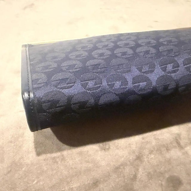 1980s Blue Fabric and Brass Italian Continuous Logo Clutch by Zenith For Sale - Image 12 of 15