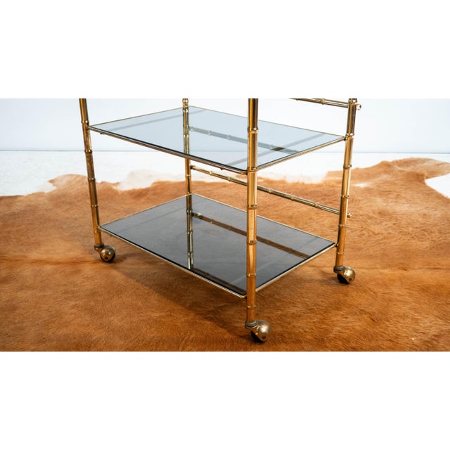1970s Vintage Mid Century Brass & Smoked Glass Bar Cart, C. 1970s For Sale - Image 5 of 17