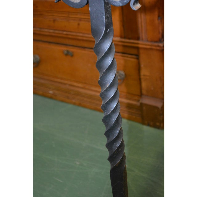 1960s Vintage Pair Tall Black Gothic / Arts & Crafts Scroll & Twisted Iron Fire Dogs Fireplace Andirons For Sale - Image 5 of 14