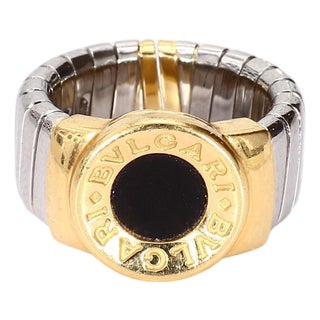 Bvlgari "Tubogas" Black Onyx 18k Yellow Gold & Steel Ring - Size 5 Adjustable For Sale