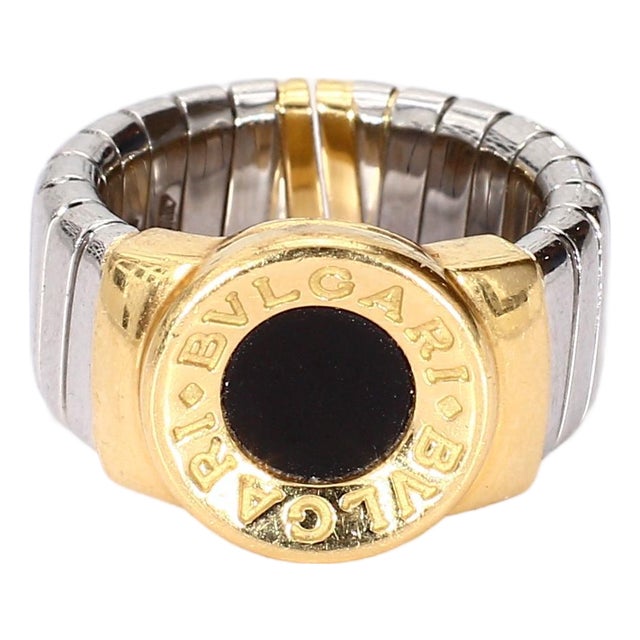 Bvlgari "Tubogas" Black Onyx 18k Yellow Gold & Steel Ring - Size 5 Adjustable For Sale