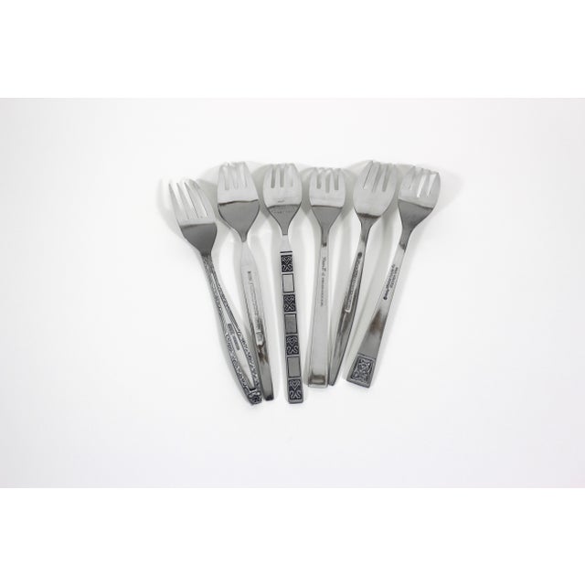 1960s Curated Set of 6 Mid Century Modern Stainless Steel Salad or Dessert Forks, Mismatched Vintage Table Setting, Six Fork, MCM Black Background For Sale - Image 5 of 9