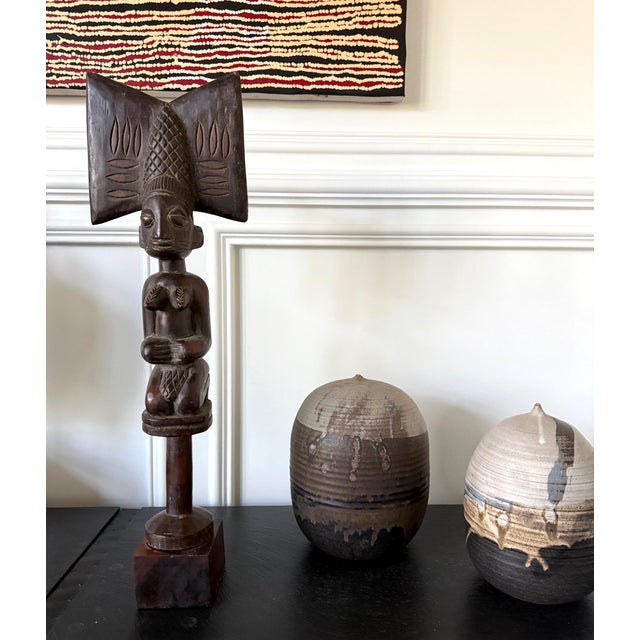 Wood African Carved Female Statue Yoruba Ose Sango Staff For Sale - Image 7 of 14