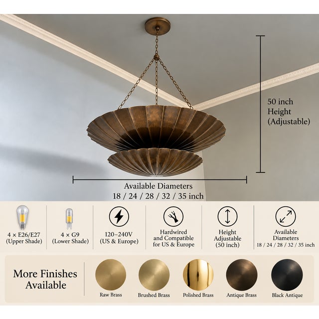 Vintage Brass Shell Pendant Chandelier – Two-Tier Mid-Century Modern Ceiling Light Fixture For Sale - Image 4 of 8