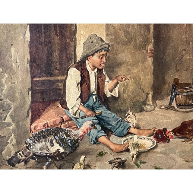 Paint Share Antique 1800's G Guerrini Original Gouache Watercolor Poor Boy Animals Painting For Sale - Image 7 of 13