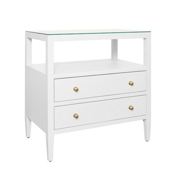 Contemporary Matthew Izzo Home Douglas Textured White Linen Two Drawer Side Table With One Open Shelf, Glass Top and Polished Brass Knobs For Sale - Image 3 of 6
