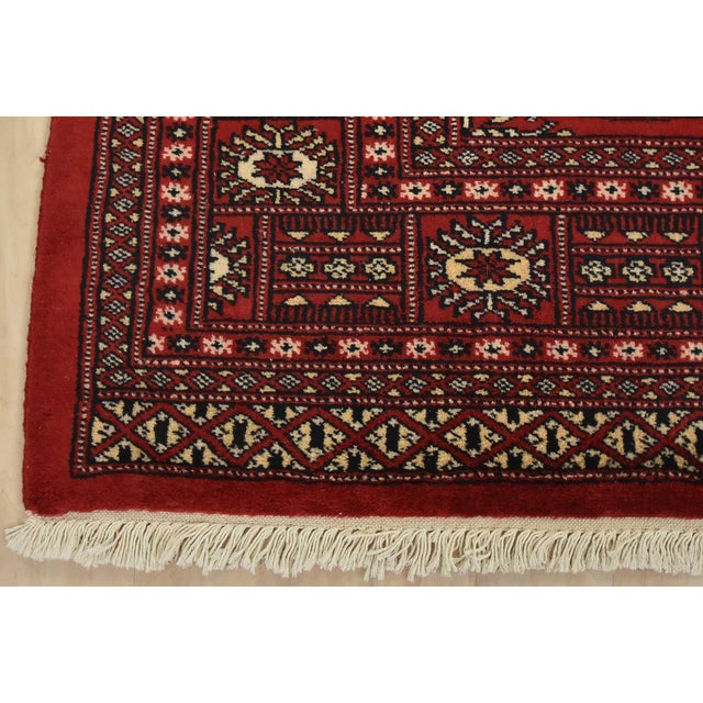 Red Bokhara Rug 4’2” X 6’2” Red Wool Tribal Hand-Knotted Oriental Carpet For Sale - Image 8 of 11