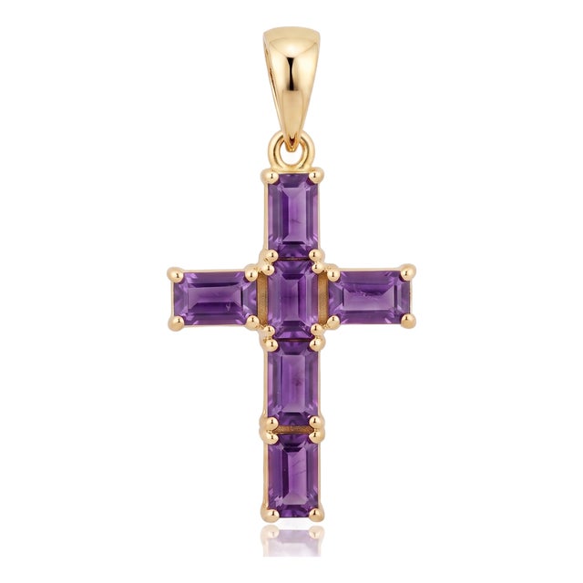 Natural Amethyst Cross Pendant | Emerald Cut Purple Gemstone Cross Necklace | February Birthstone Necklace For Sale