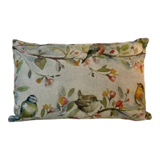 Large Bolster Pillow Decorated With a Water Color Look Pattern Comprising Flowering Trees and a Variety of Vibrantly Colored Birds - Made in the U K For Sale