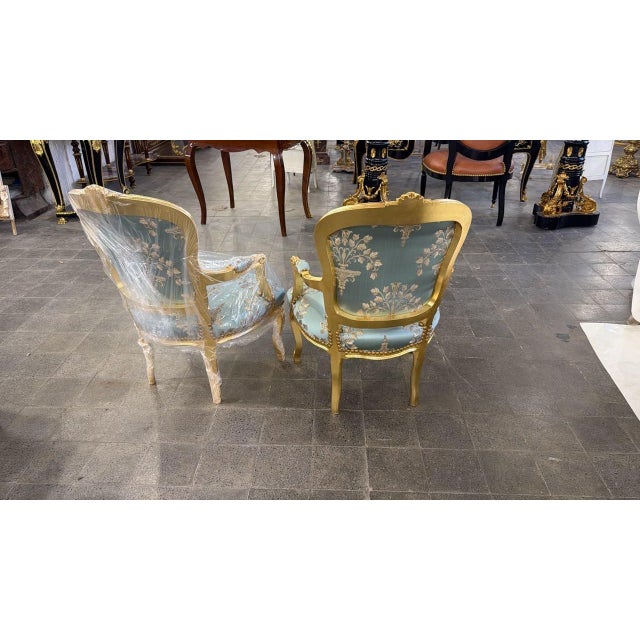 1960s French Louis XV Rococo Armchairs Blue Damask Upholstery Salon Accent Chairs For Sale - Image 4 of 6