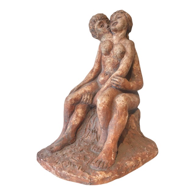 20th Century Embracing Lovers Clay Modeled Signed Sculpture For Sale