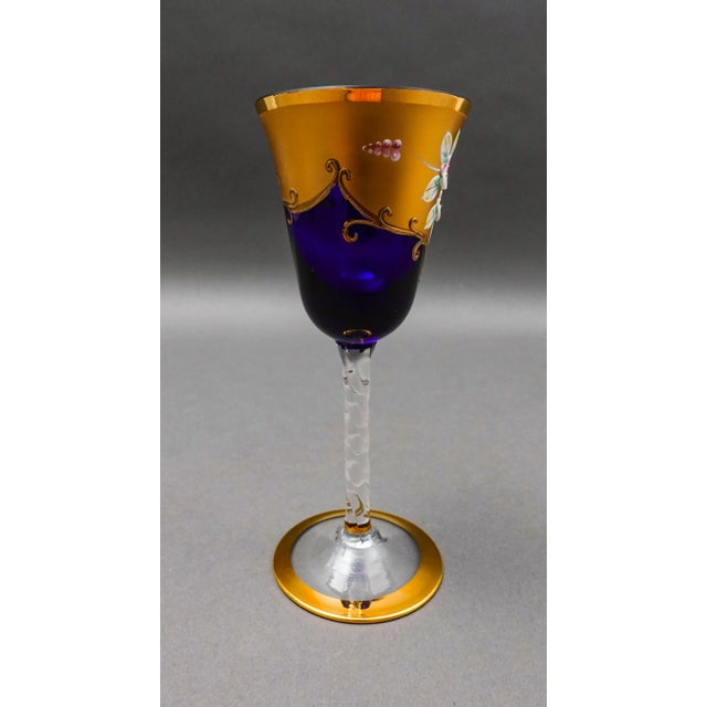 Blue Tre Fuochi Venetian Glass Cobalt Blue 24k Gold Wine Glasses Set of 6 For Sale - Image 8 of 10