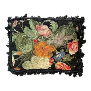 Vintage Floral Needlepoint and Fringe Black Pillow For Sale