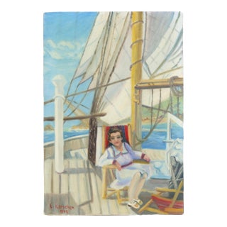 Nautical Painting of Woman on Sailing Ship For Sale