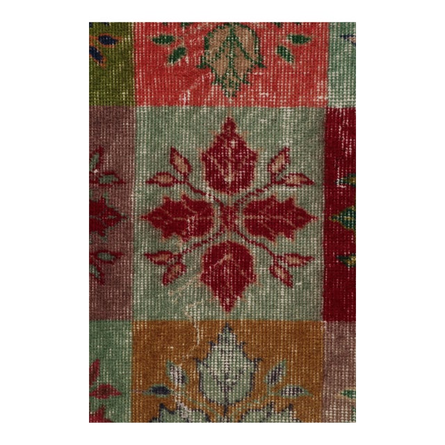 1960s Vintage Distressed Rug in Multicolor Geometric Pattern, Floral Motifs For Sale