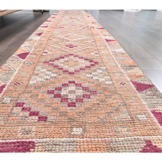 Textile 2'5x12'8 Vintage Orange Geometric Turkish Hand-Knotted Runner Rug For Sale - Image 7 of 9