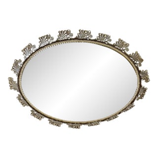 1960s Hollywood Regency Oval Silver-Tone Vanity Mirror With Floral Crest For Sale