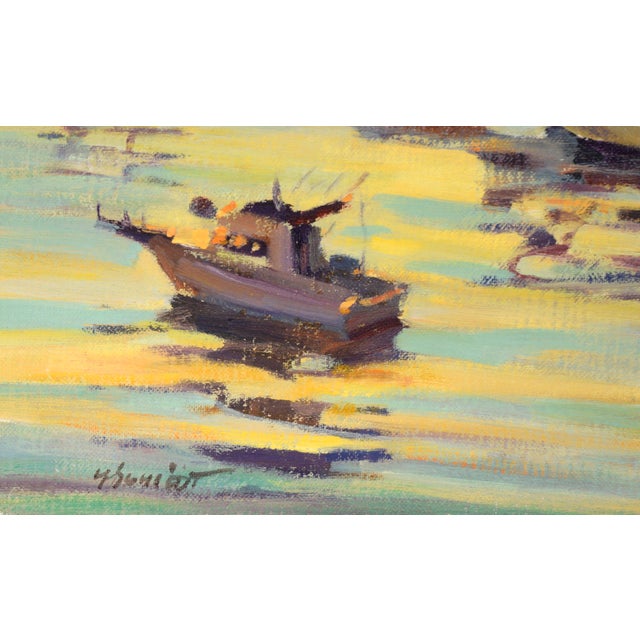 Textile "Santa Catalina Island Harbor" Seascape at Sunset in Oil on Artist's Panel by Gary Schildt For Sale - Image 7 of 9