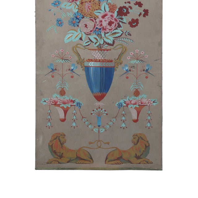 English Englaih Traditional Panel Painting of Multicolored Bouquet Accompanied by Peacocks and Lions For Sale - Image 3 of 13