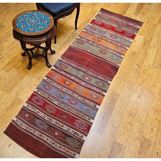 Late 20th Century Vintage Moroccan Tribal Kilim Runner, Flat-Woven Wool, Geometric Stripe Pattern, 2’ X 8’ For Sale - Image 5 of 15