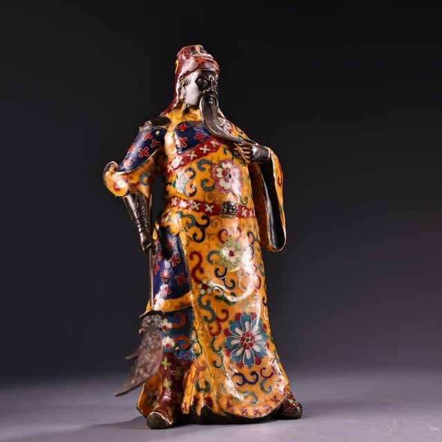 1990s Vintage Chinese Cloisonné Enamel Guan Gong Figure | 9.4lb Copper Statue With Halberd For Sale - Image 5 of 10