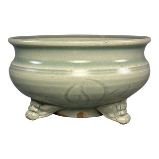 Chinese Longquan Celadon Tripod Censer, Carved Floral Pattern, Collectible For Sale