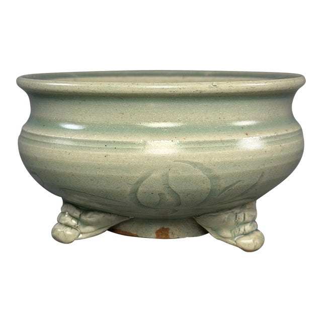 Chinese Longquan Celadon Tripod Censer, Carved Floral Pattern, Collectible For Sale
