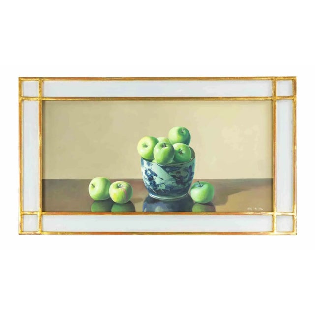 Green Apples on Table is an oil painting realized in 2010s by Zhang Wei Guang (Mirror). Beautiful oil painting on canvas....