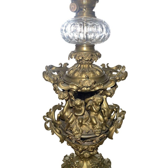 19th Century Italian Bronze Oil Lamp Electrified Cut Glass Cherub Base For Sale In Los Angeles - Image 6 of 7