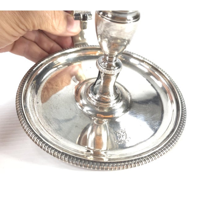 Traditional Antique 18th English Georgian Heraldic Sterling Silver Chamberstick J. Mewburn & J. Crouch For Sale - Image 3 of 9