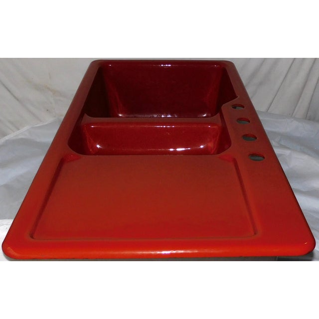 1983 Vintage Kohler Epicurean Sequoia (Red) 4-Hole Acid Resistant Porcelain & Cast Iron 2 Basin Drainboard Kitchen Sink For Sale - Image 10 of 16