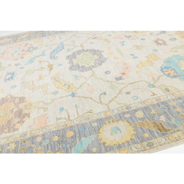 Contemporary Pastel Oushak Style Hand-Knotted Wool Rug – Soft Neutral & Blue For Sale - Image 11 of 12
