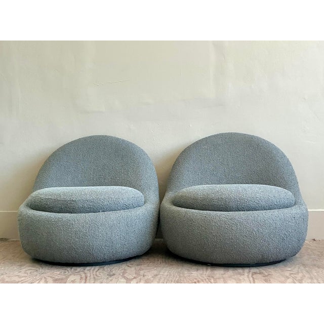 Wood Vintage Boho Contemporary Boucle Swivel Chairs - A Pair For Sale - Image 7 of 9