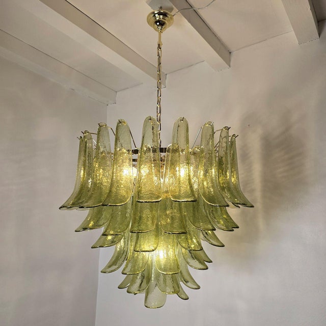 Mid-Century Modern 1980s Attributed to Mazzega Murano Glass Olive Green Petal Chandelier For Sale - Image 3 of 14