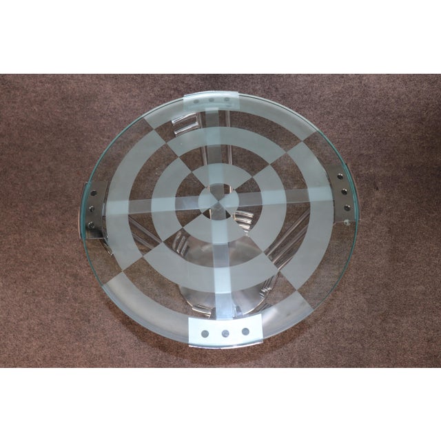 Unique Pair of Circular Etched Glass Chromed Steel Modern End Tables For Sale - Image 4 of 8