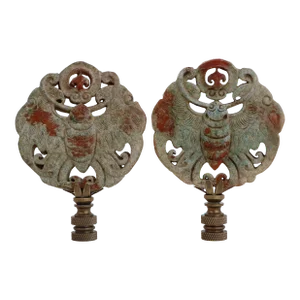 Chinese Butterfly Carved Stone Lamp Finials on Bronze Hardware - a Pair