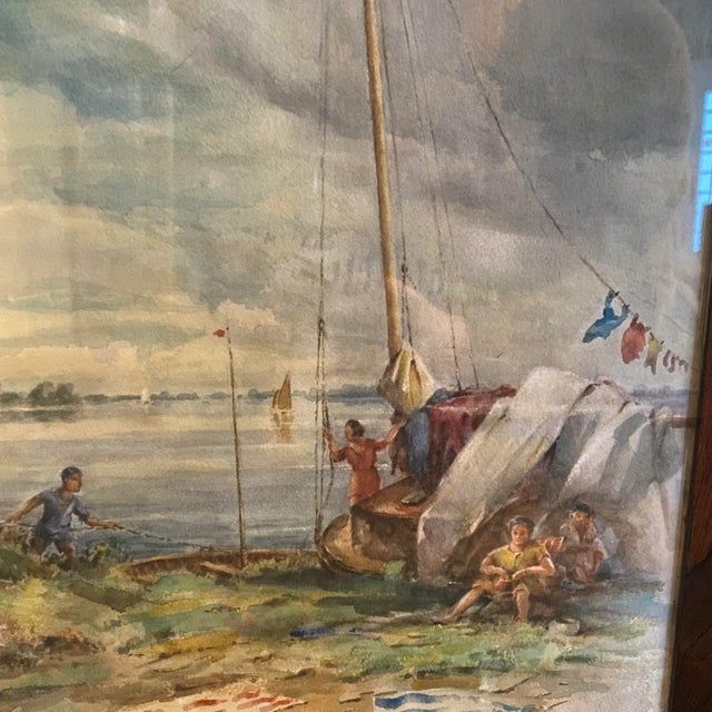 Impressionist Listed British Artist Bernard Harper Wiles 1883-1966 - Signed Framed Original Watercolor Painting of a Family and a Sailboat on the Water in England For Sale - Image 3 of 12