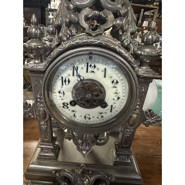 Napoleon III Clock in Silver-Plated Bronze with Candelabras, Set of 3 For Sale - Image 4 of 6