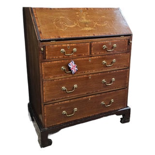 Late 19th Century Edwardian Urn & Swag Inlaid, Satin Banded, Mahogany 5 Drawer Bureau on Bracket Feet For Sale