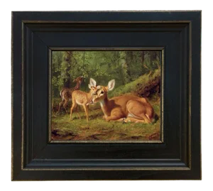 "Doe and Twin Fawns" Contemporary Reproduction Print on Canvas by Arthur Fitzwilliam Tait, Framed