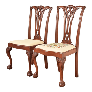 Baker Furniture Style Chippendale Carved Mahogany Side Chairs or Dining Chairs, Pair